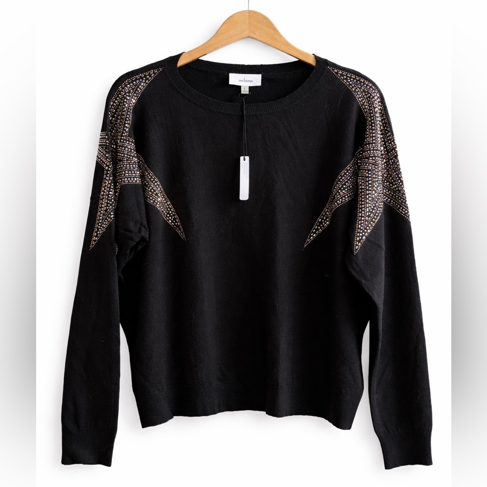 NWT Milano Black Embellished Shoulder Sweater Rhinestone Detail Size L